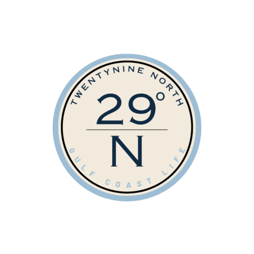 TwentyNine North 29°N Gulf Coast Life round vinyl sticker in navy, cream and coastal blue.