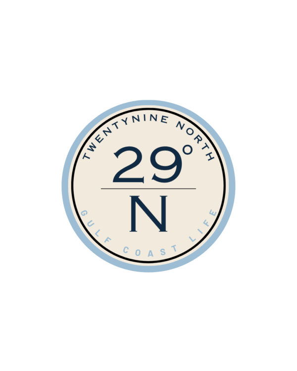 TwentyNine North 29°N Gulf Coast Life Vinyl Sticker TwentyNine North 29°N Gulf Coast Life round vinyl sticker in navy, cream and coastal blue.